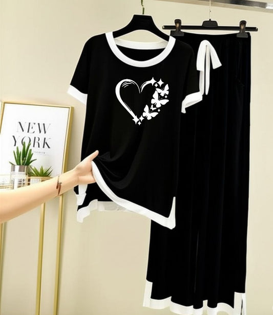 Heart Printed Half sleeves Black with White Round Neck Palazzo Pajama Set