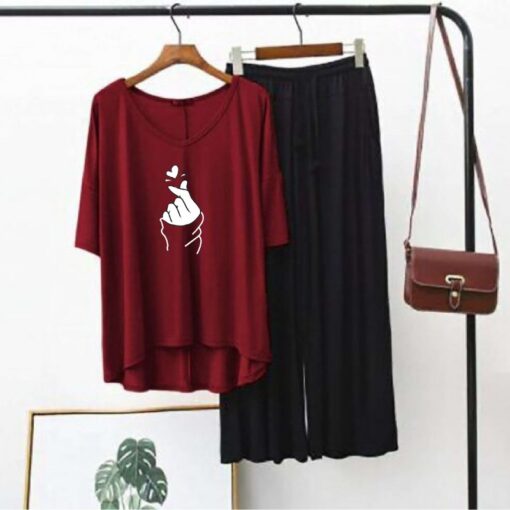 Love Heart Printed Red V Neck T shirt with Black Palazzo Pajama Night Suit