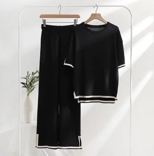 Black & White Slit Short Sleeve with Palazzo For Women PJ Set