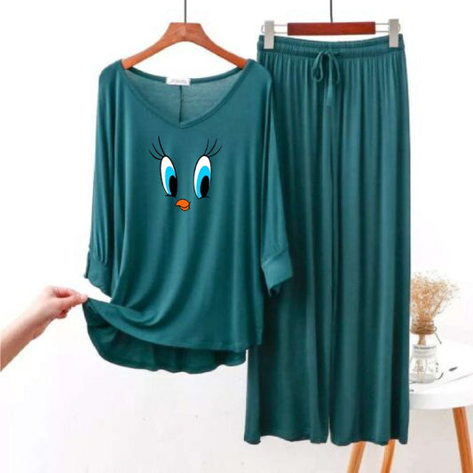 Daffy Duck Printed Green V Neck with Palazzo Style Pajama Full Sleeves Set