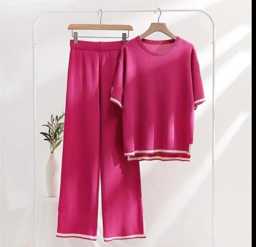 Pink Slit Short Sleeve with Palazzo For Women PJ Set