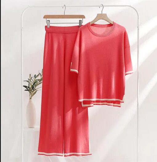 Red Slit Short Sleeve with Palazzo For Women PJ Set