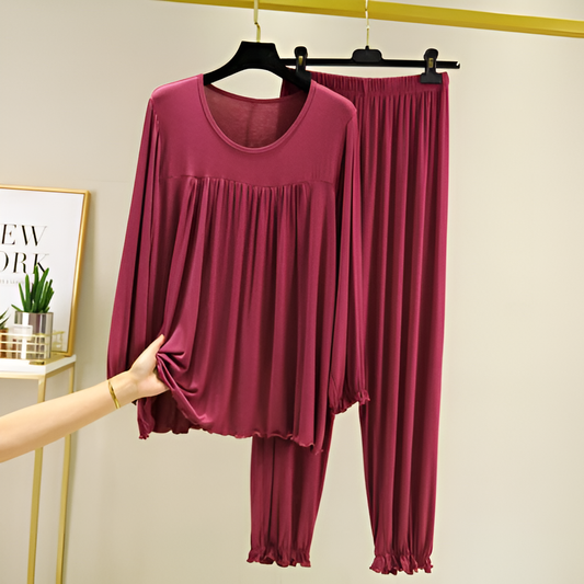 New Maroon Round Neck Frill Palazzo For Women PJ Set