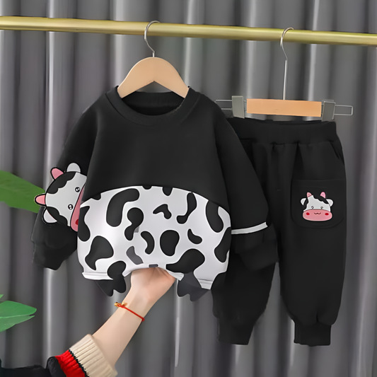 Black Cow Print Sweatshirt & Trouser for Kids