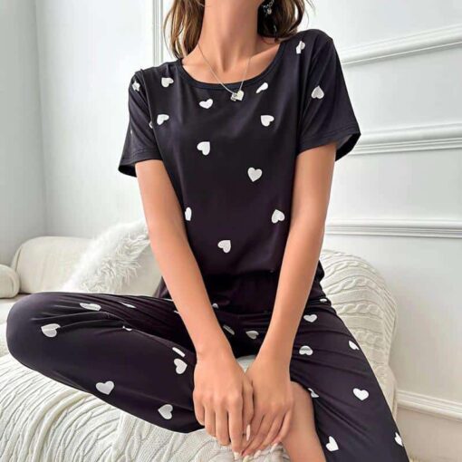 Black Heart Print Full Sleeve Shirt with Patterned Trouser