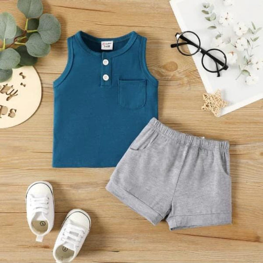 Blue Grey Sleeveless Short Set