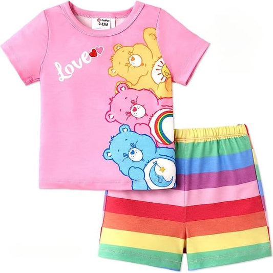 Cartoon Graphic Tee with Block Striped Print Shorts kids wear