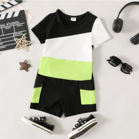Cool Green Black Panel T-shirt & Shorts Set for kids