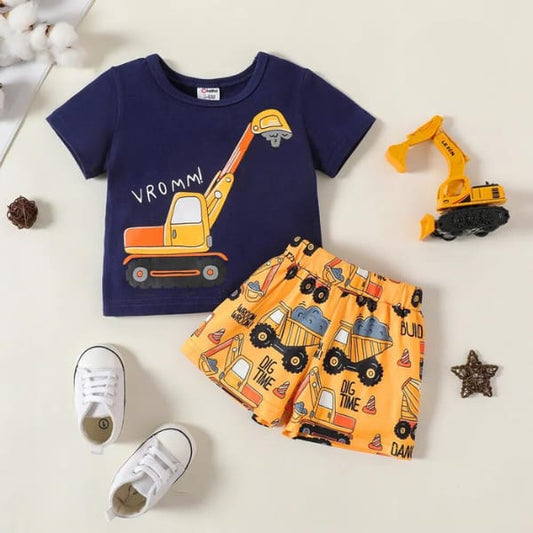 Excavator Print Short Sleeve Tee & Shorts Set