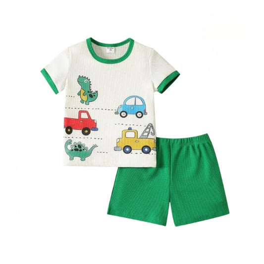 Green White Trucks Short Set for kids wear