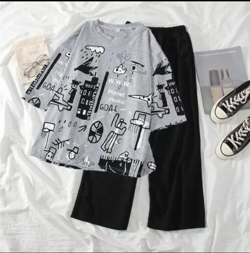 Grey City Groove Oversized Graphic Shirt with Black Plain Trouser