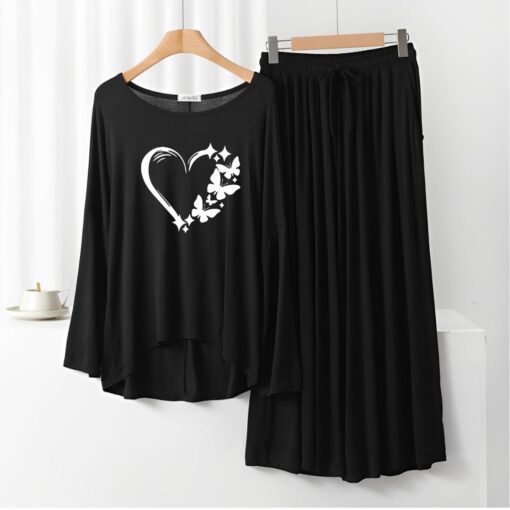 Heart Printed Black Frill Sleeve Loose Lounge Wear Palazzo Set