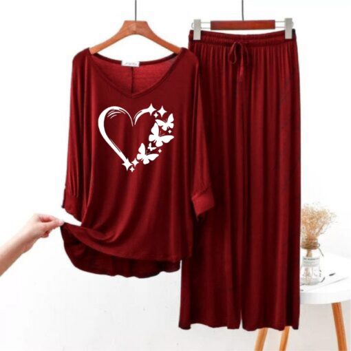 Heart Printed Maroon V Neck T shirt with Marron Palazzo Pajama Set