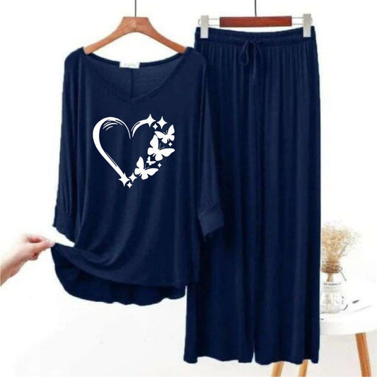 Heart Printed Navy Blue V Neck with Palazzo Style Pajama Full Sleeves Set