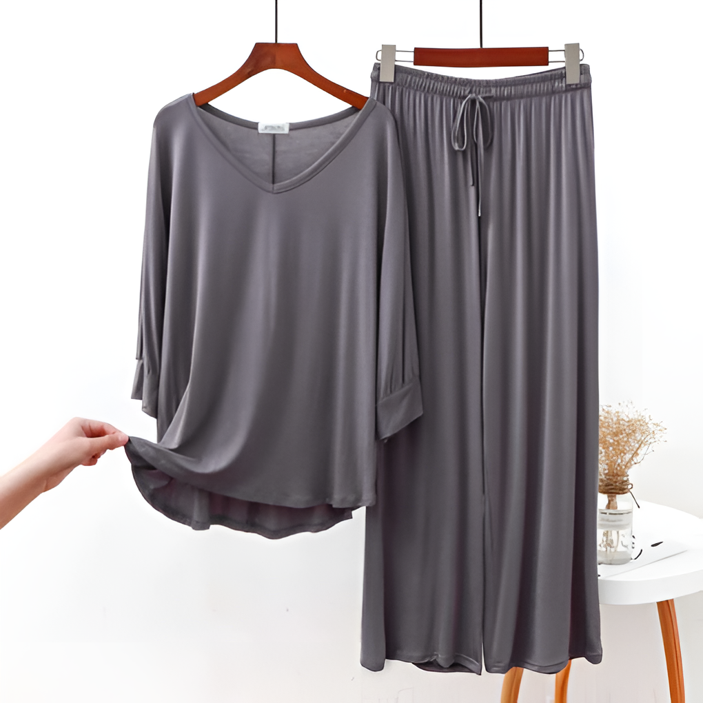 Plain Grey V Neck with Palazzo Style Pajama Full Sleeves Set