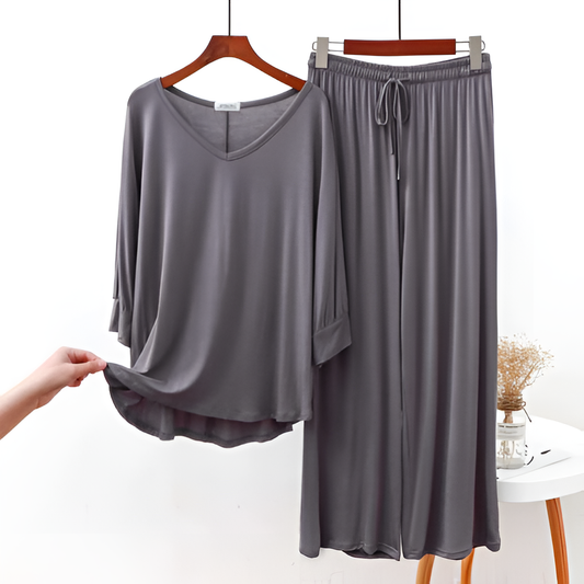 Plain Grey V Neck with Palazzo Style Pajama Full Sleeves Set