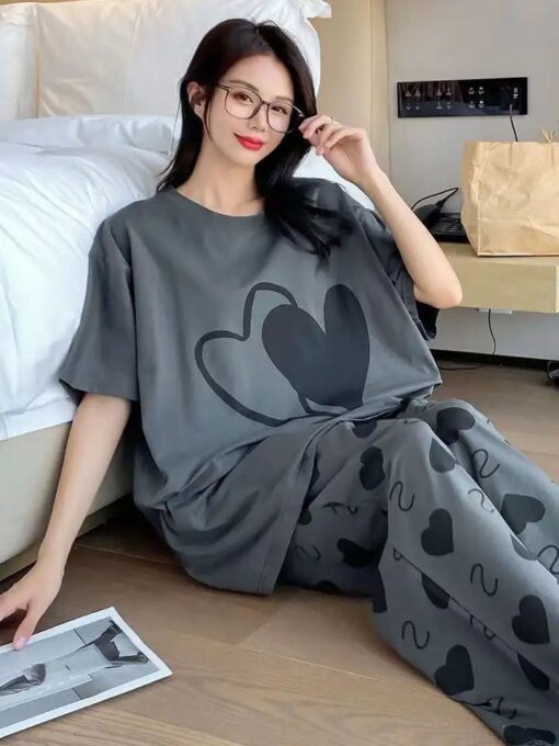 Dark Grey Heart Printed 2 Piece Pajama Set