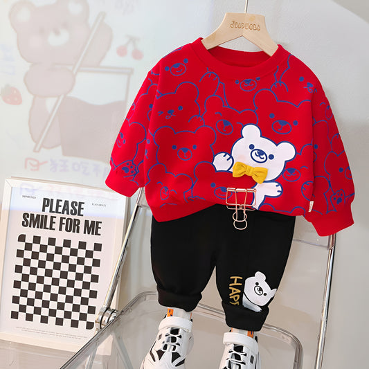 Red Multi Bears Print Sweatshirt & Trouser for Kids