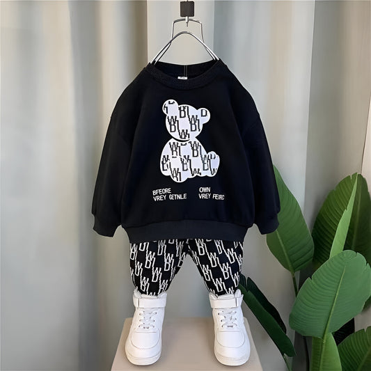Black & White Bear Print Sweatshirt & Trouser for Kids