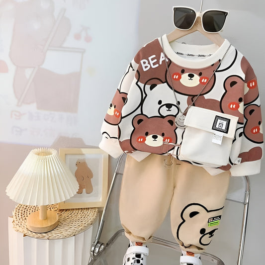 White & Brown Bear Print Kids Sweatshirt & Trouser Set