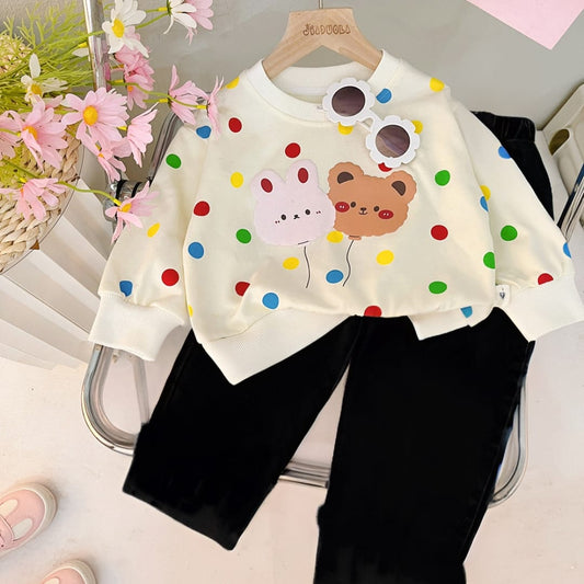 Multi Dots & Two Bunny Print Sweatshirt & Black Trousers For Kids