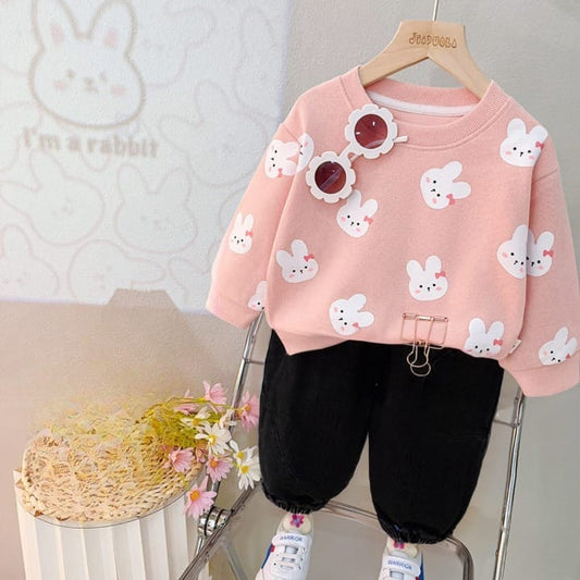 Pink & White Bunny Print Sweatshirt & Trouser for Kids