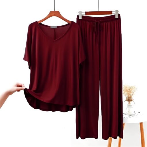 Half sleeves Plain Maroon V Neck T shirt with Maroon Palazzo Pajama Set