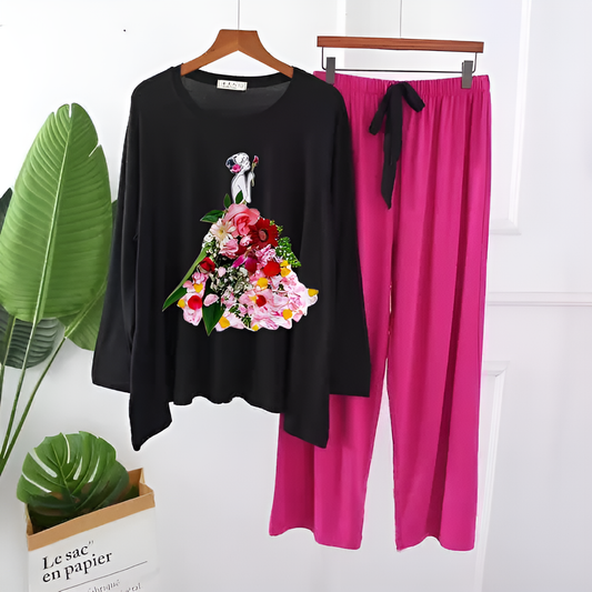 Black and Magenta Flower Girl Printed Loungewear