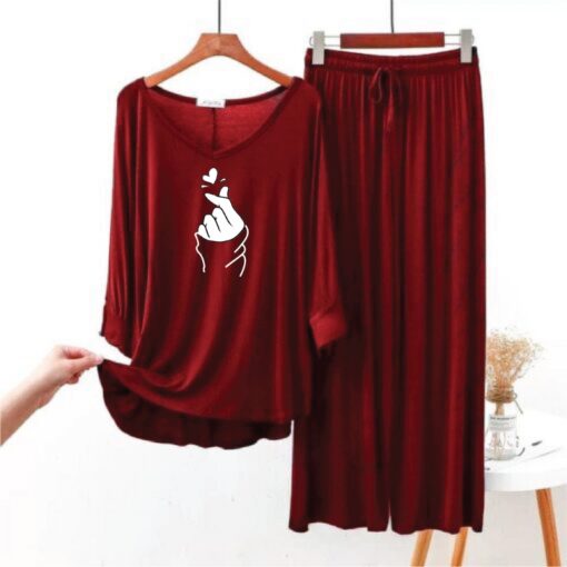 Love Heart Printed Maroon V Neck T shirt with Marron Palazzo Pajama Set
