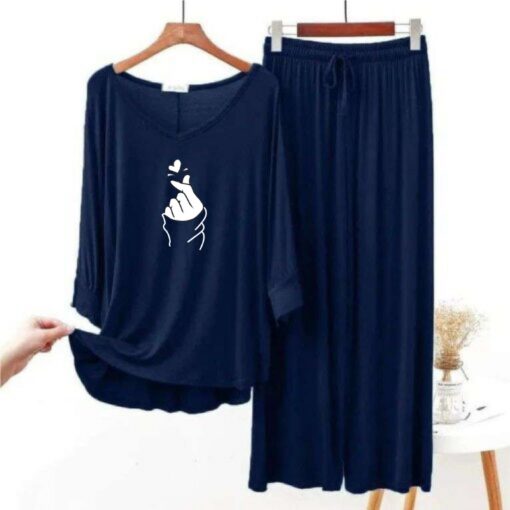 Love Heart Printed Navy Blue V Neck with Palazzo Style Pajama Full Sleeves Set