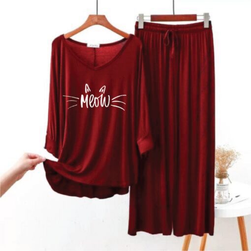 Meow Printed Maroon V Neck T shirt with Marron Palazzo Pajama Set