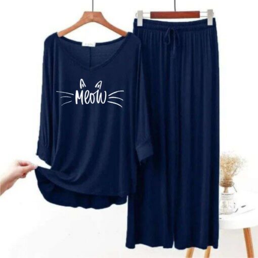 Meow Printed Navy Blue V Neck with Palazzo Style Pajama Full Sleeves Set