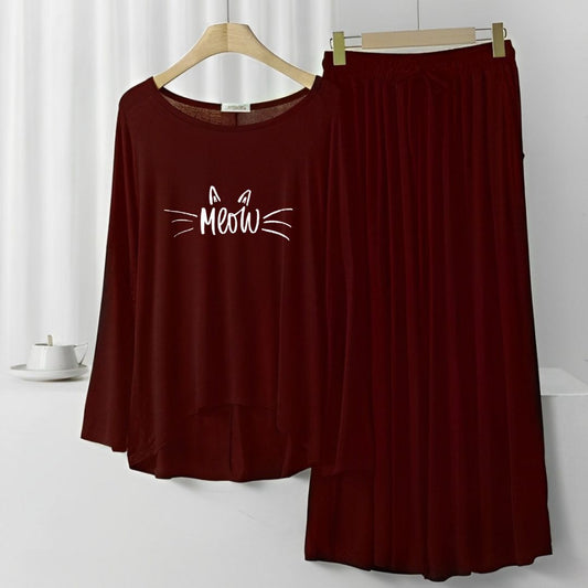 Meow Printed Maroon Frill Sleeve Loose Lounge Wear Palazzo Set