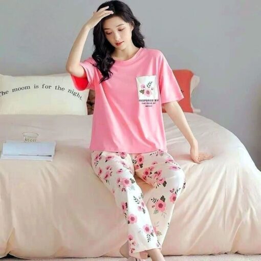 Pink pocket flower with white flowers printed Pajama