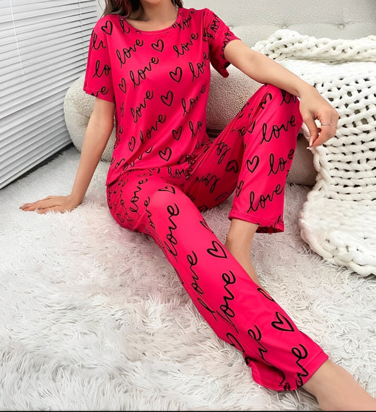 Shocking Pink Love Printed Pajama set