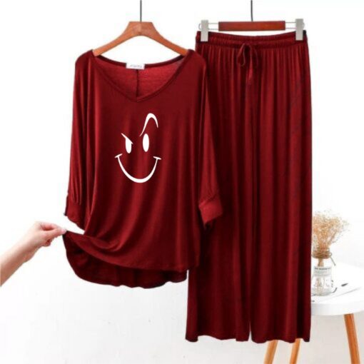 Smiley Face Printed Maroon V Neck T shirt with Marron Palazzo Pajama Set