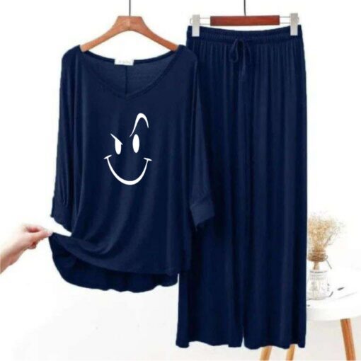 Smiley Face Printed Navy Blue V Neck with Palazzo Style Pajama Full Sleeves Set