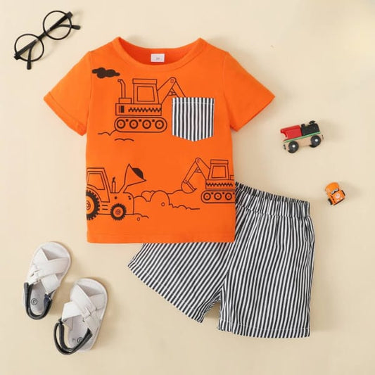 Stylish Orange White Black Pocket Short Set