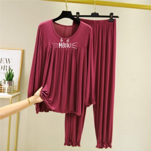 Meow Printed New Maroon Round Neck Frill Palazzo For Women PJ Set