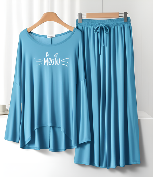 Meow Printed Neon Blue Frill Sleeve Loose Lounge Wear Palazzo Set