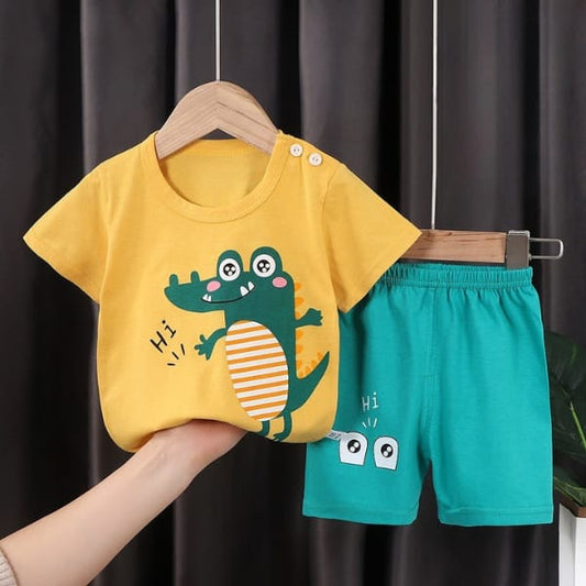 Yellow Dino Printed Kids Short Sleeve Kids Wear