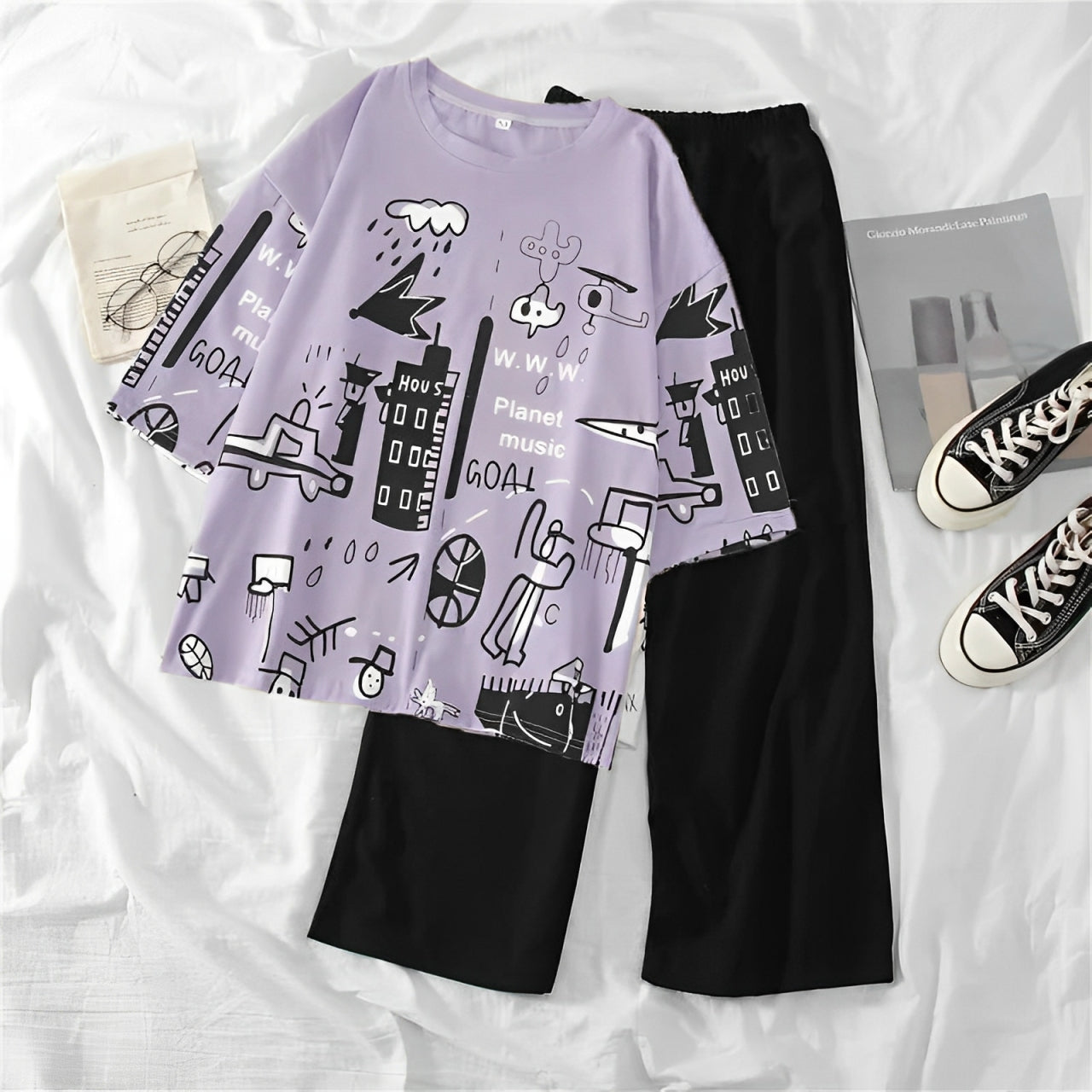Purple City Groove Oversized Graphic Shirt with Black Plain Trouser