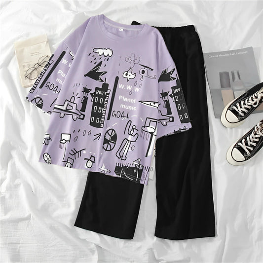 Purple City Groove Oversized Graphic Shirt with Black Plain Trouser