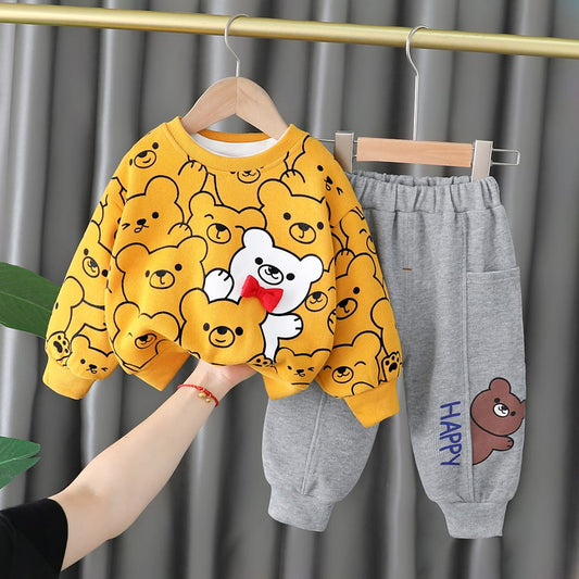 Yellow Bears Print Sweatshirt & Grey Trouser for Kids