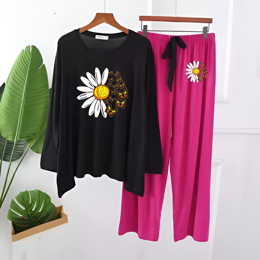 Black and Magenta Daisy Flower Printed Loungewear