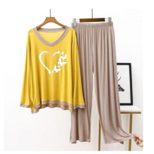 Heart Printed Yellow V Neck with skin contrast Palazzo For Women PJ Set