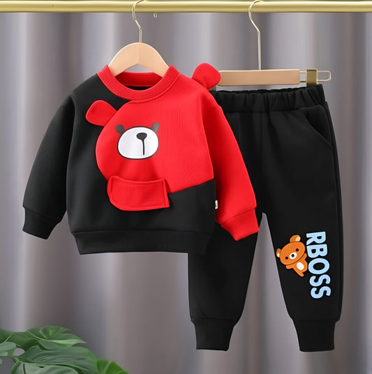 Red & Black Bear Print Sweatshirt & Trouser for Kids